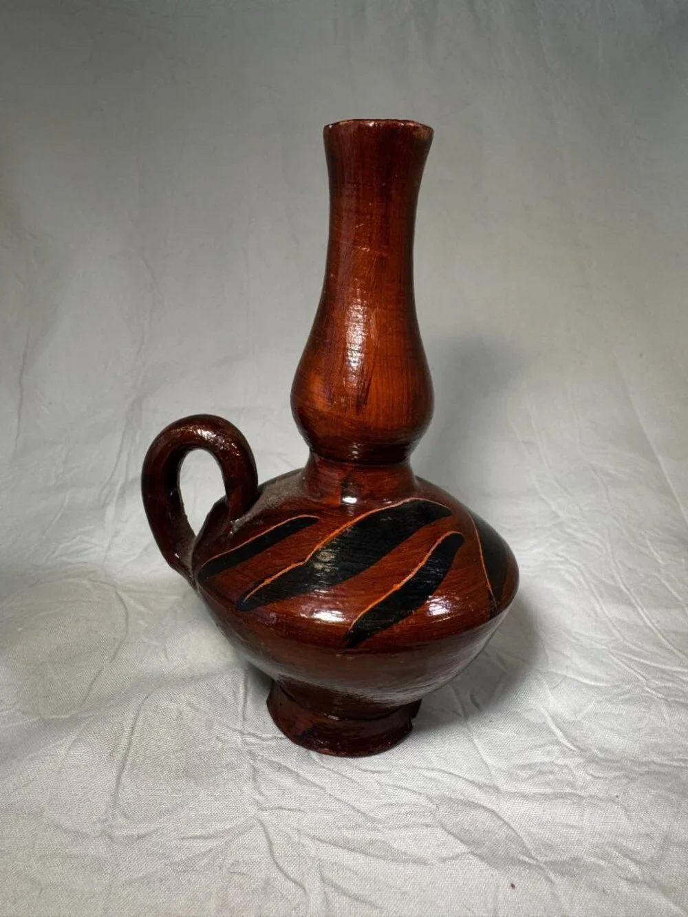Vintage Handmade Brown Ceramic Vase Handle & Black Accents - Made In Greece